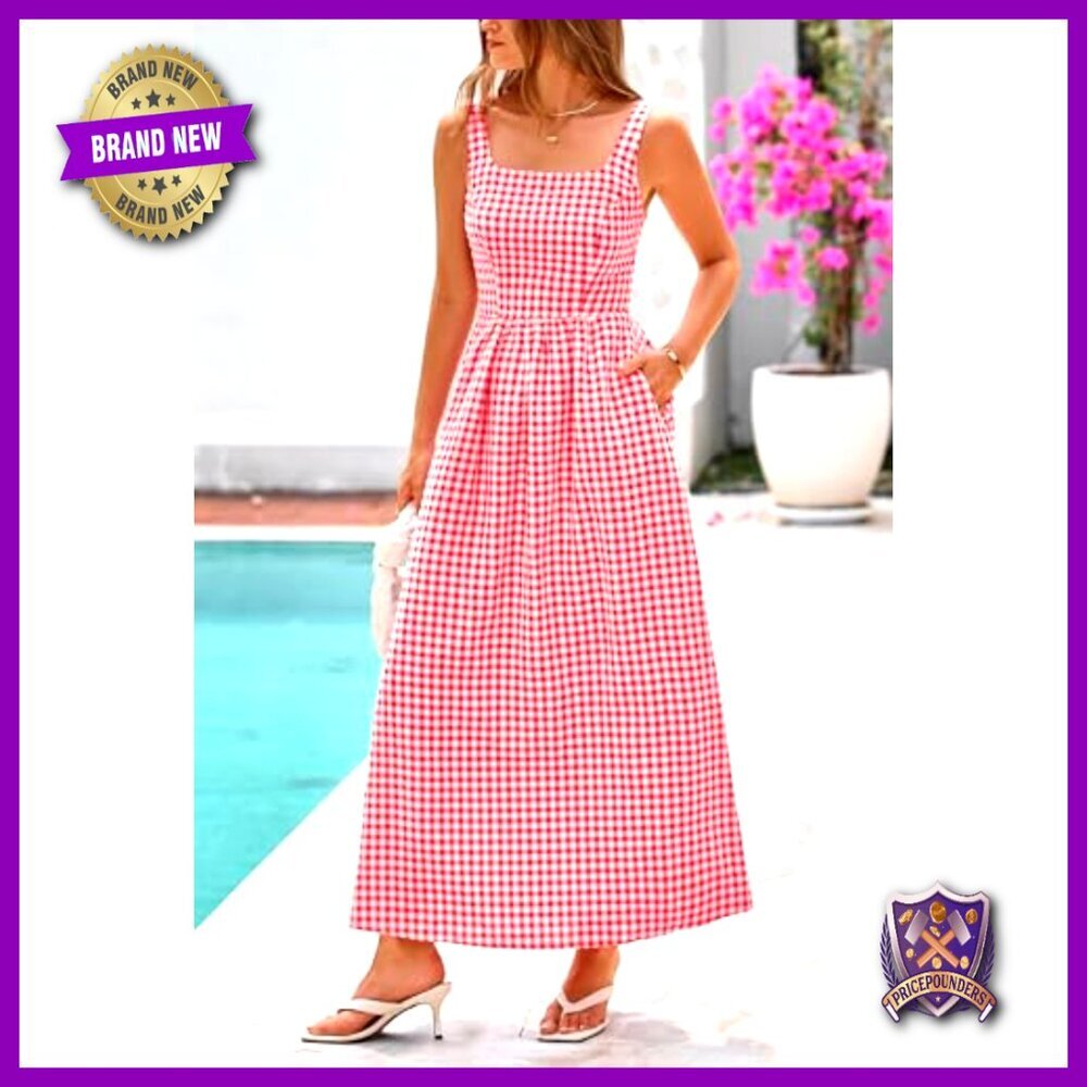 Plaid Square Neck Maxi Dress Spaghetti Strap Smocked Back A-Line Casual - Picture 4 of 7